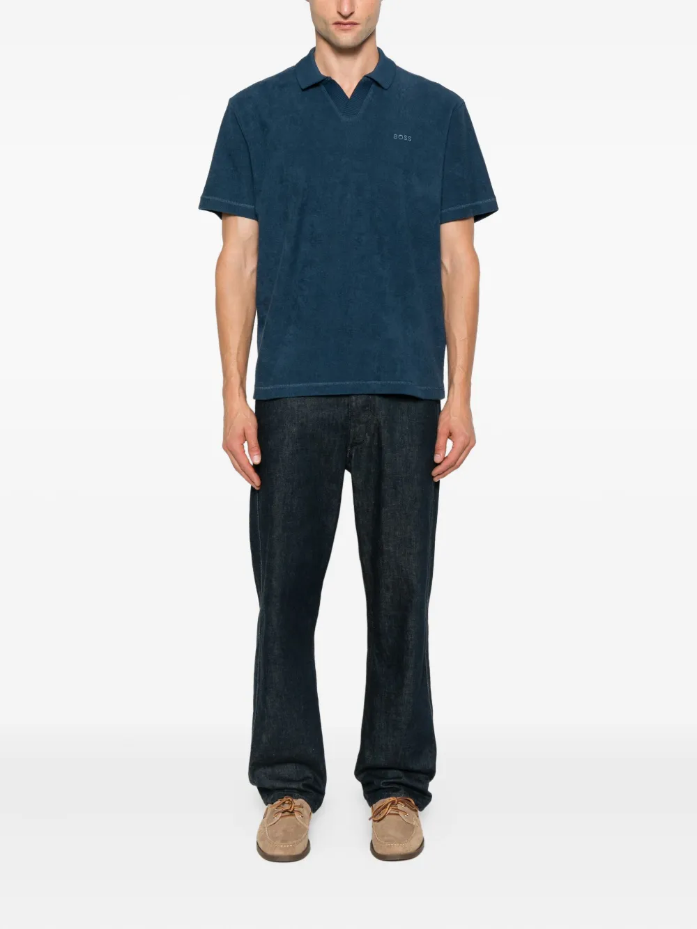 BOSS logo-embroidered cotton t-shirt Blauw