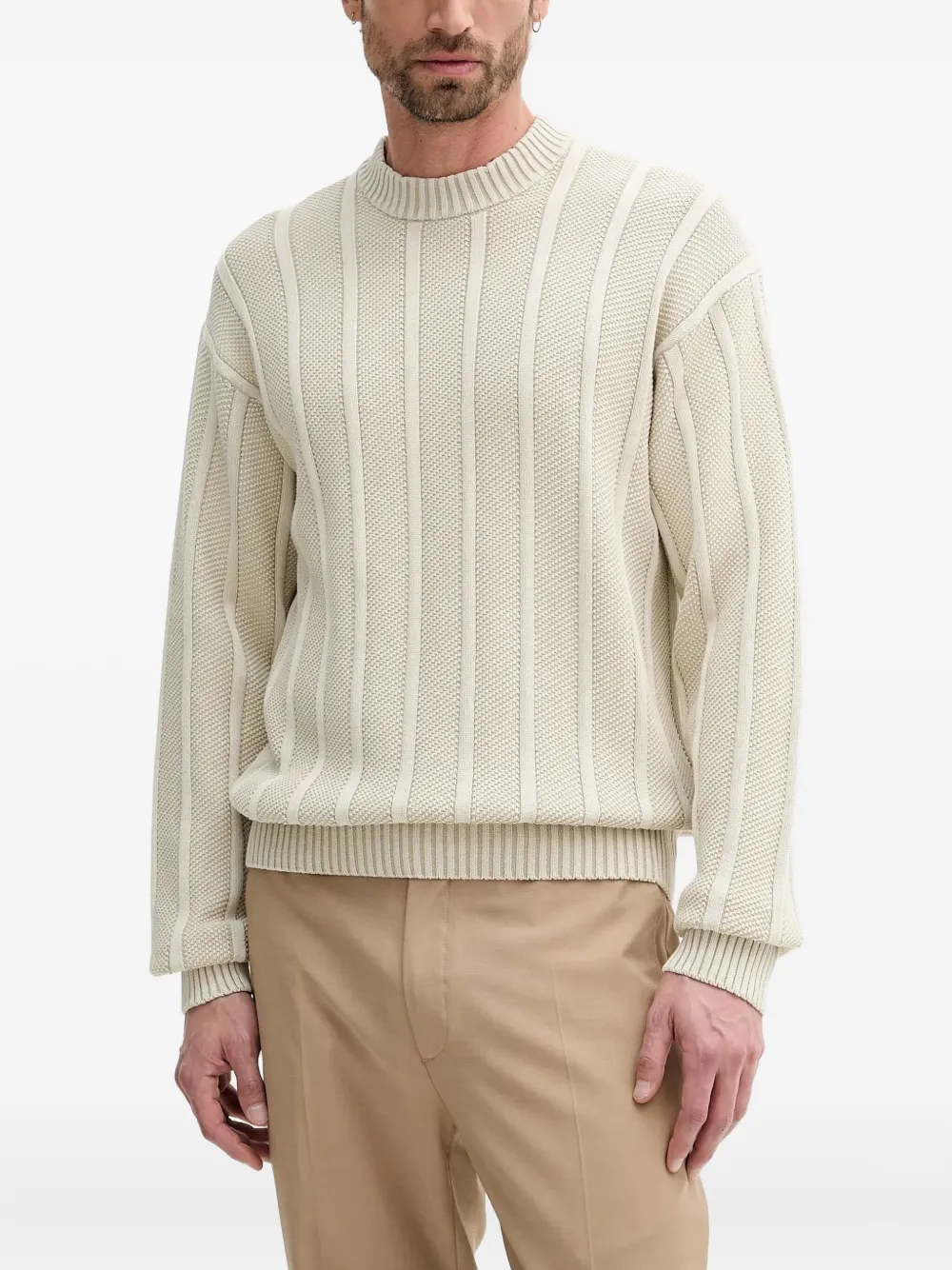 BOSS Geribbelde trui met ronde hals Beige