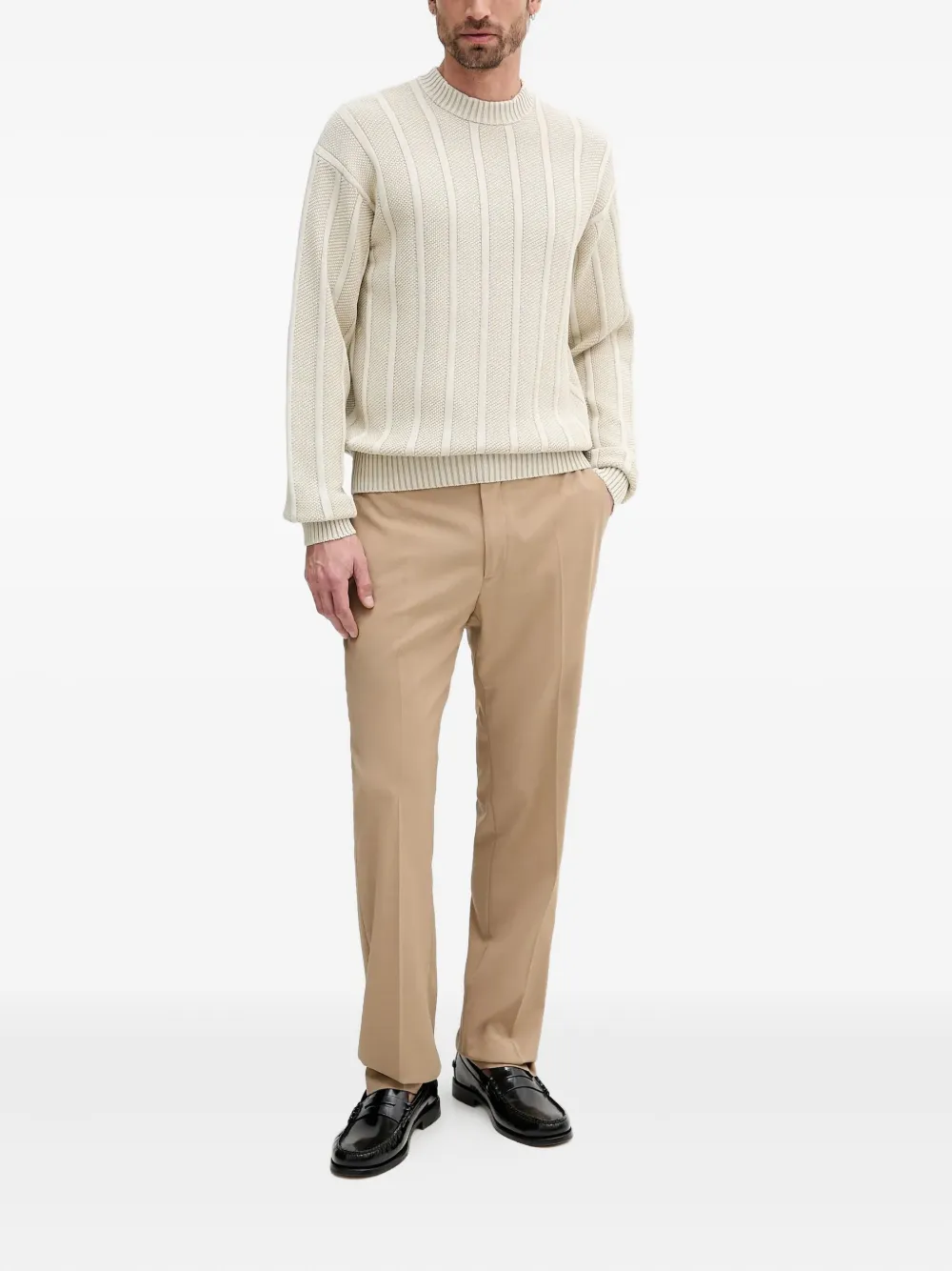 BOSS Geribbelde trui met ronde hals Beige