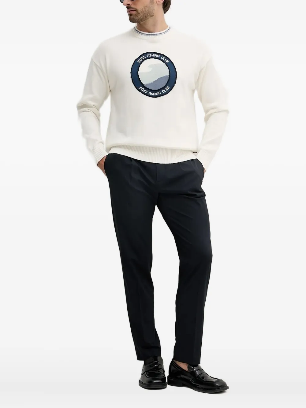 Hugo Boss Circular-emblem Crew-neck Sweater In White