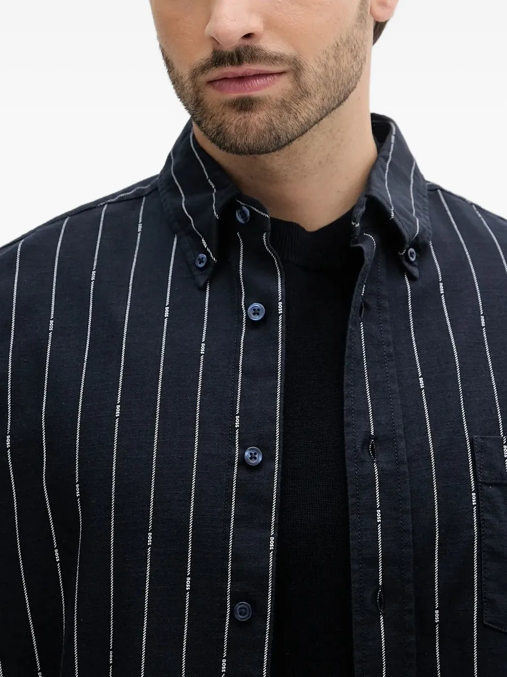 BOSS ネイビー ストライプ襟 シャツ Lサイズ BOSS ネイビー ストライプ襟 シャツ Lサイズ BOSS ネイビー ストライプ