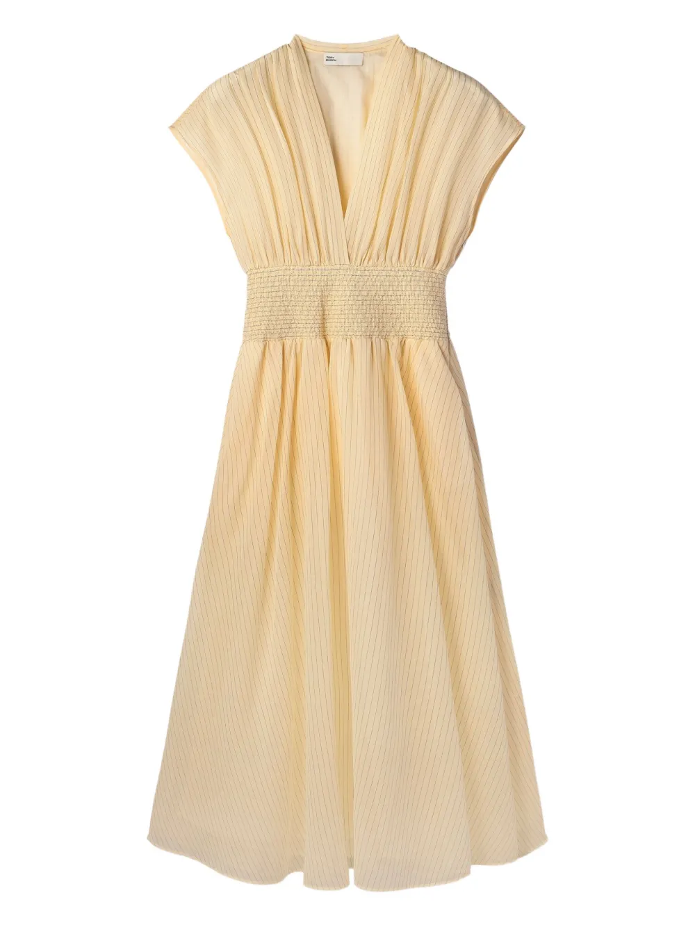 Tory Burch striped V-neck smocked midi day dress Beige