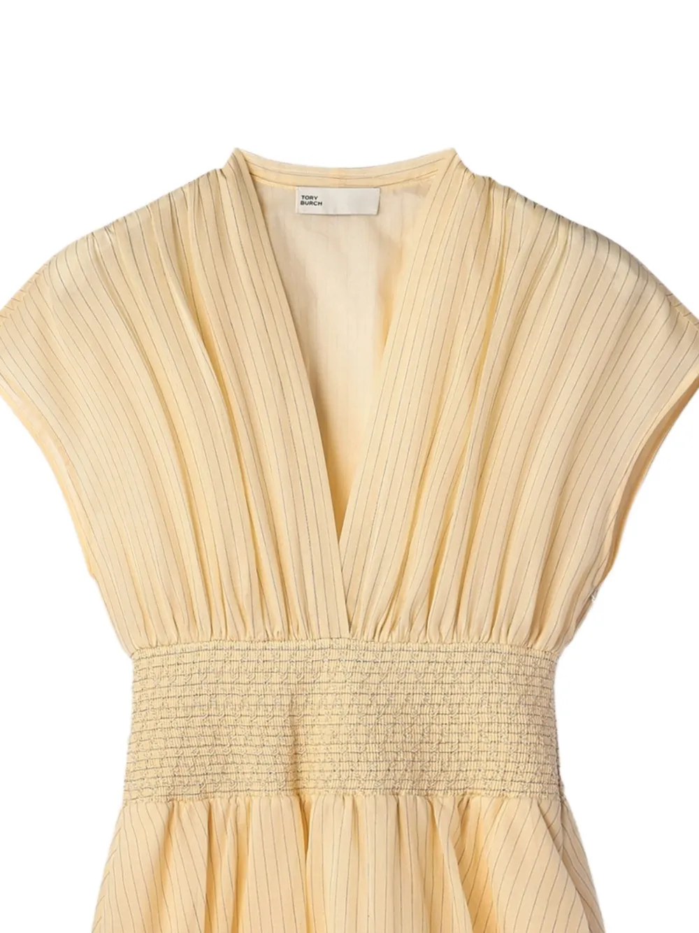 Tory Burch Gestreepte gesmockte midi-jurk met V-hals Beige