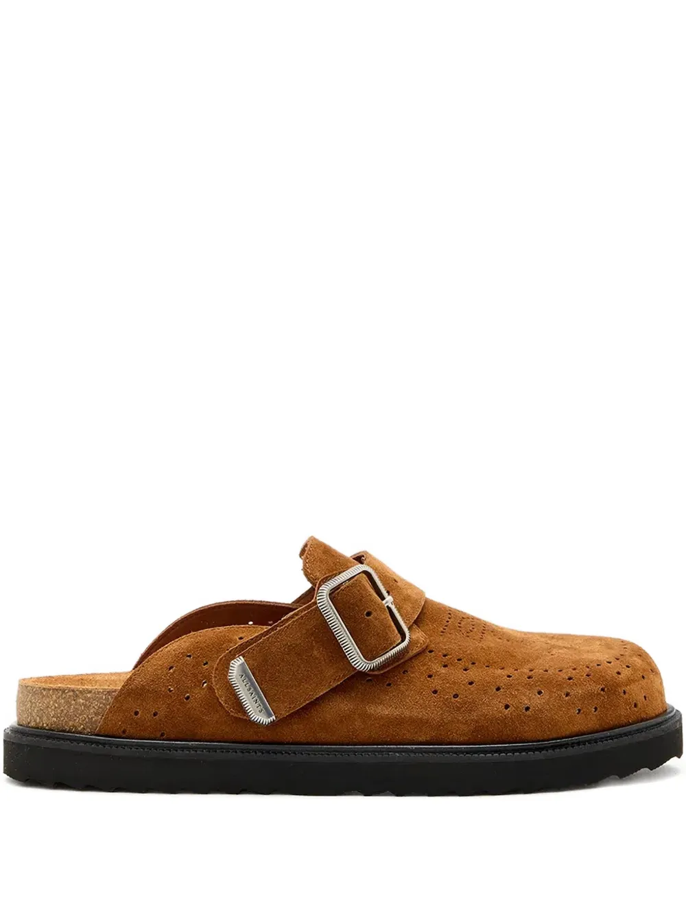 Allsaints Perforated Buckled Mules In Brown
