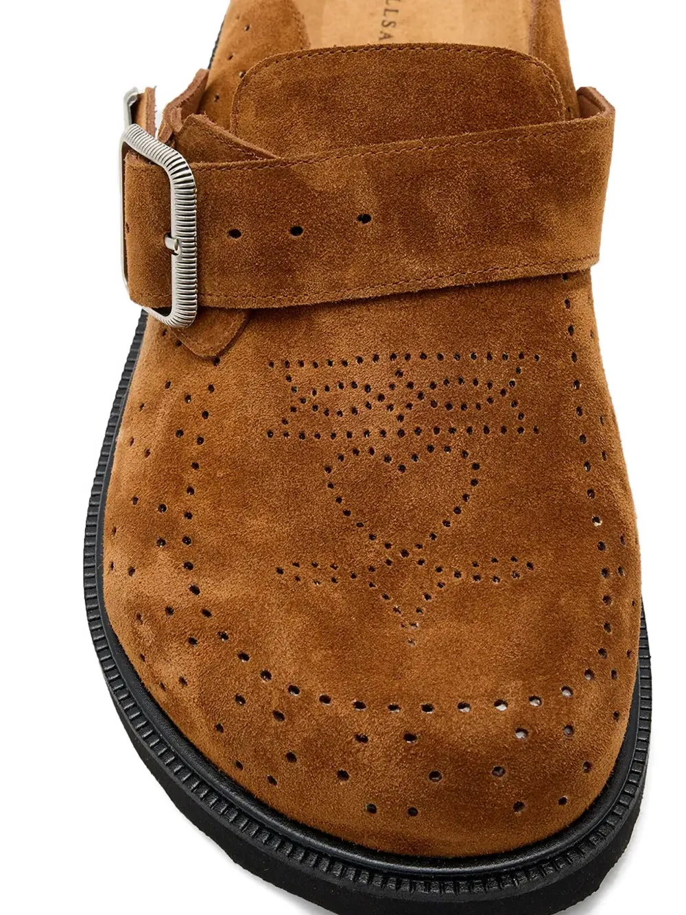 Allsaints Perforated Buckled Mules In Brown