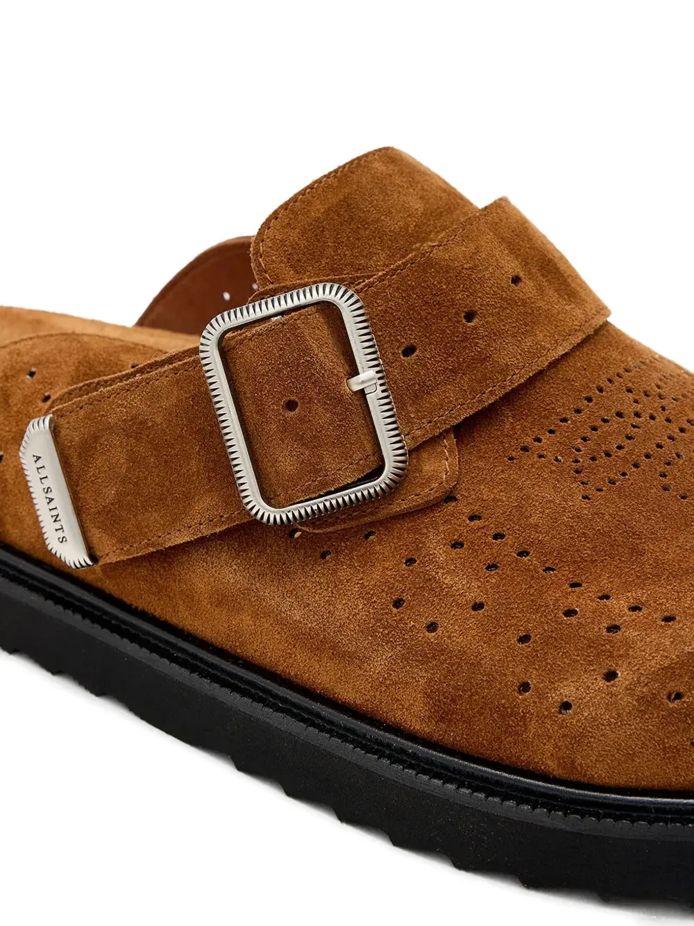 Allsaints Perforated Buckled Mules In Brown