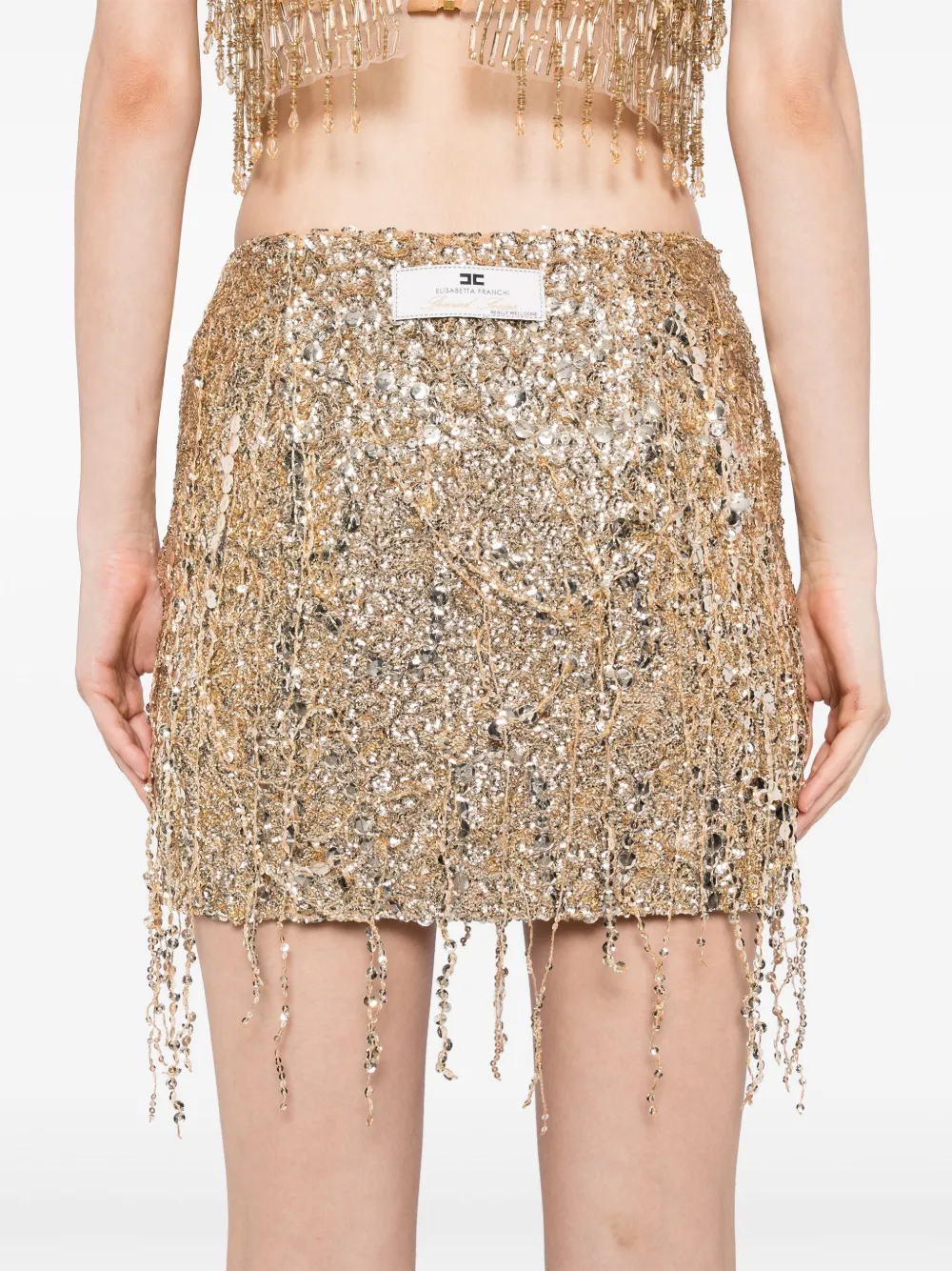 Elisabetta Franchi sequinned-fringe tulle mini skirt Goud