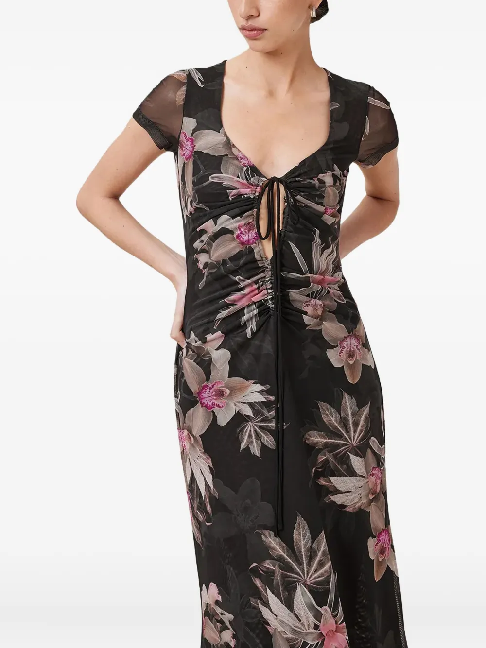 AllSaints Gabby jurk met trekkoord en bloemenprint Zwart