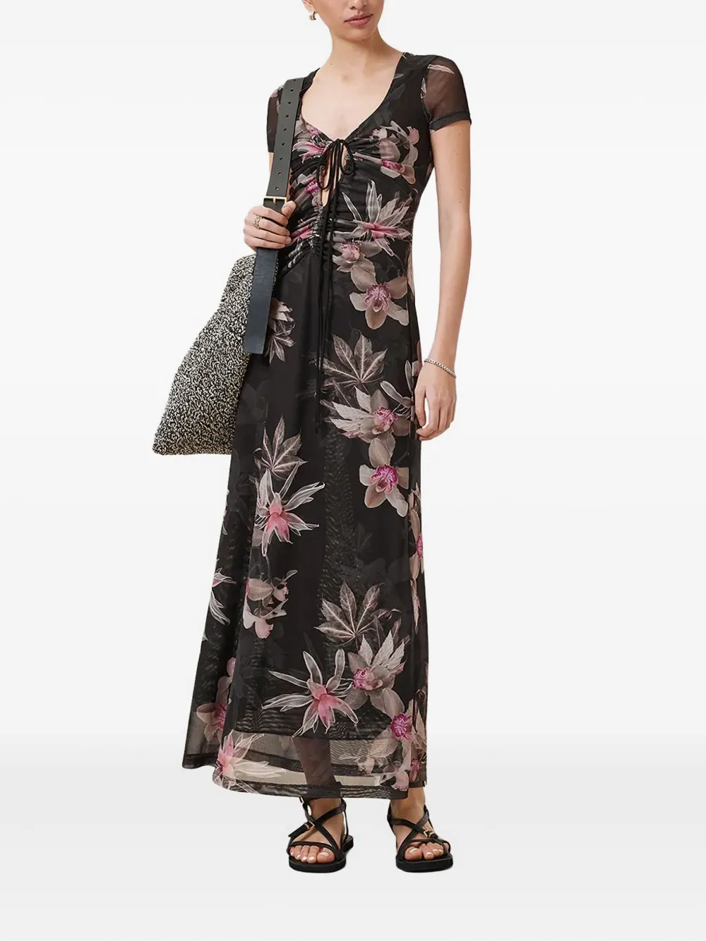 AllSaints Gabby jurk met trekkoord en bloemenprint Zwart