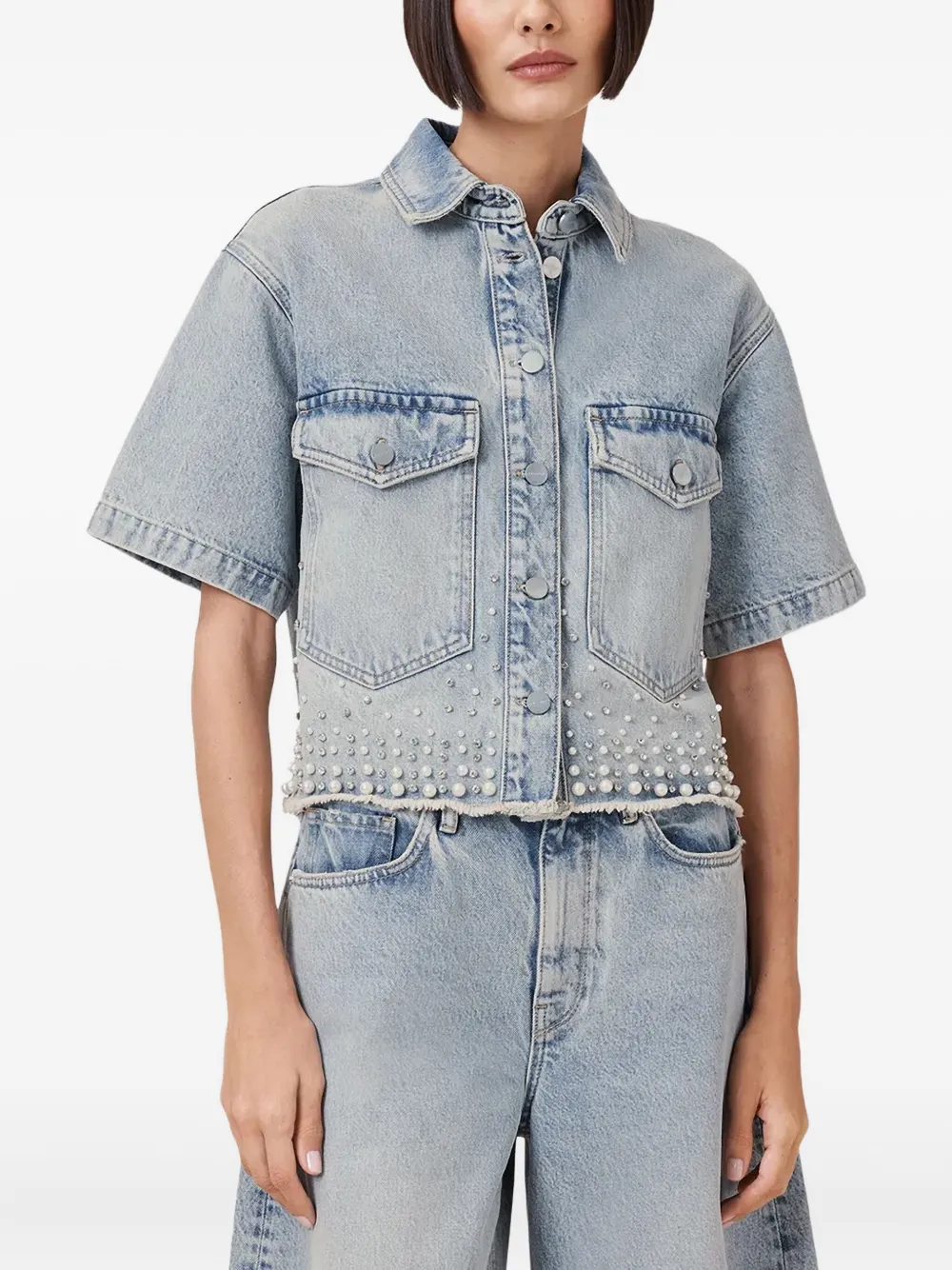 Allsaints Tove Embellished Short Sleeve Oversize Denim Button-up Shirt In Blue