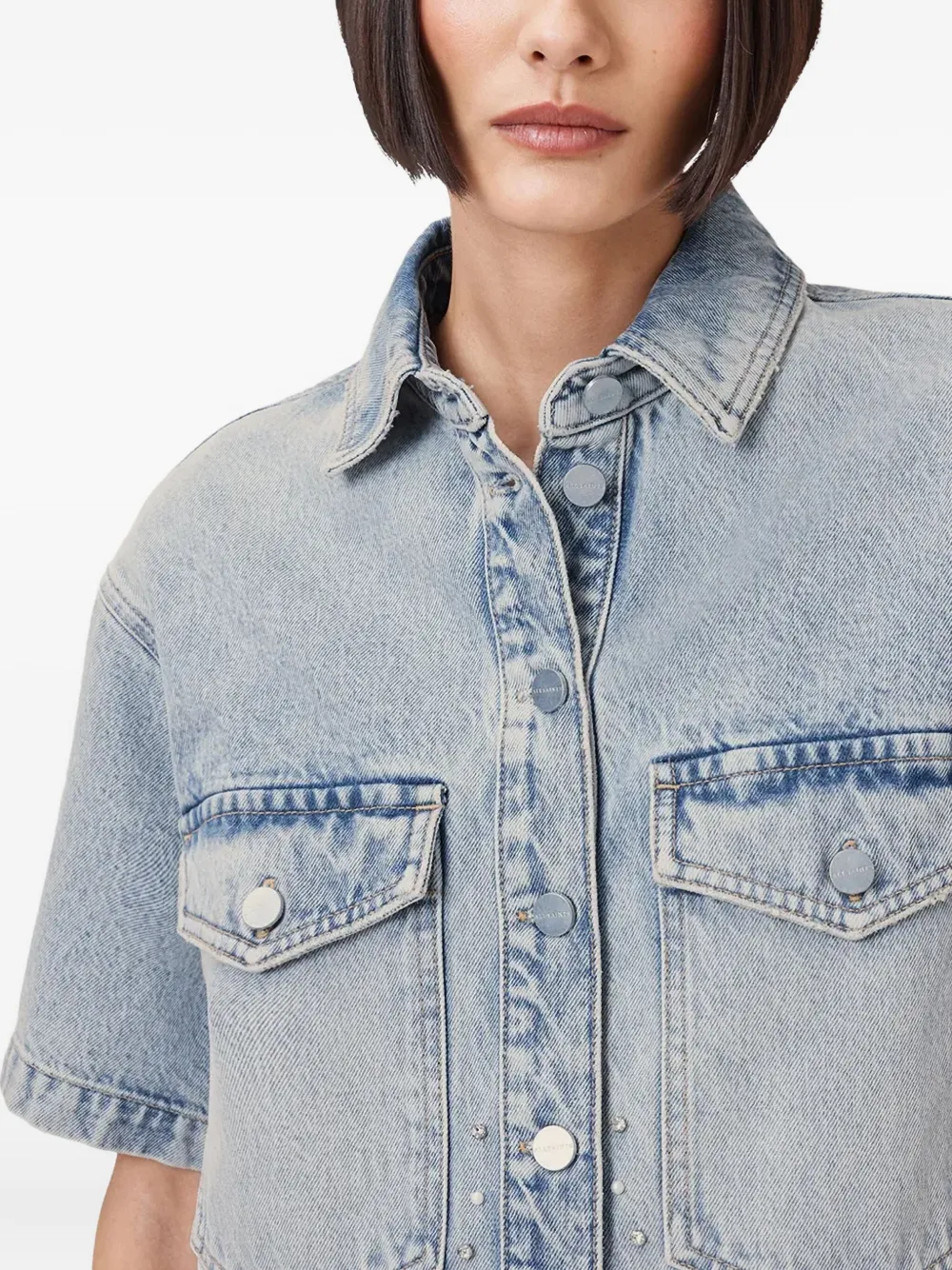 Allsaints Tove Embellished Short Sleeve Oversize Denim Button-up Shirt In Blue