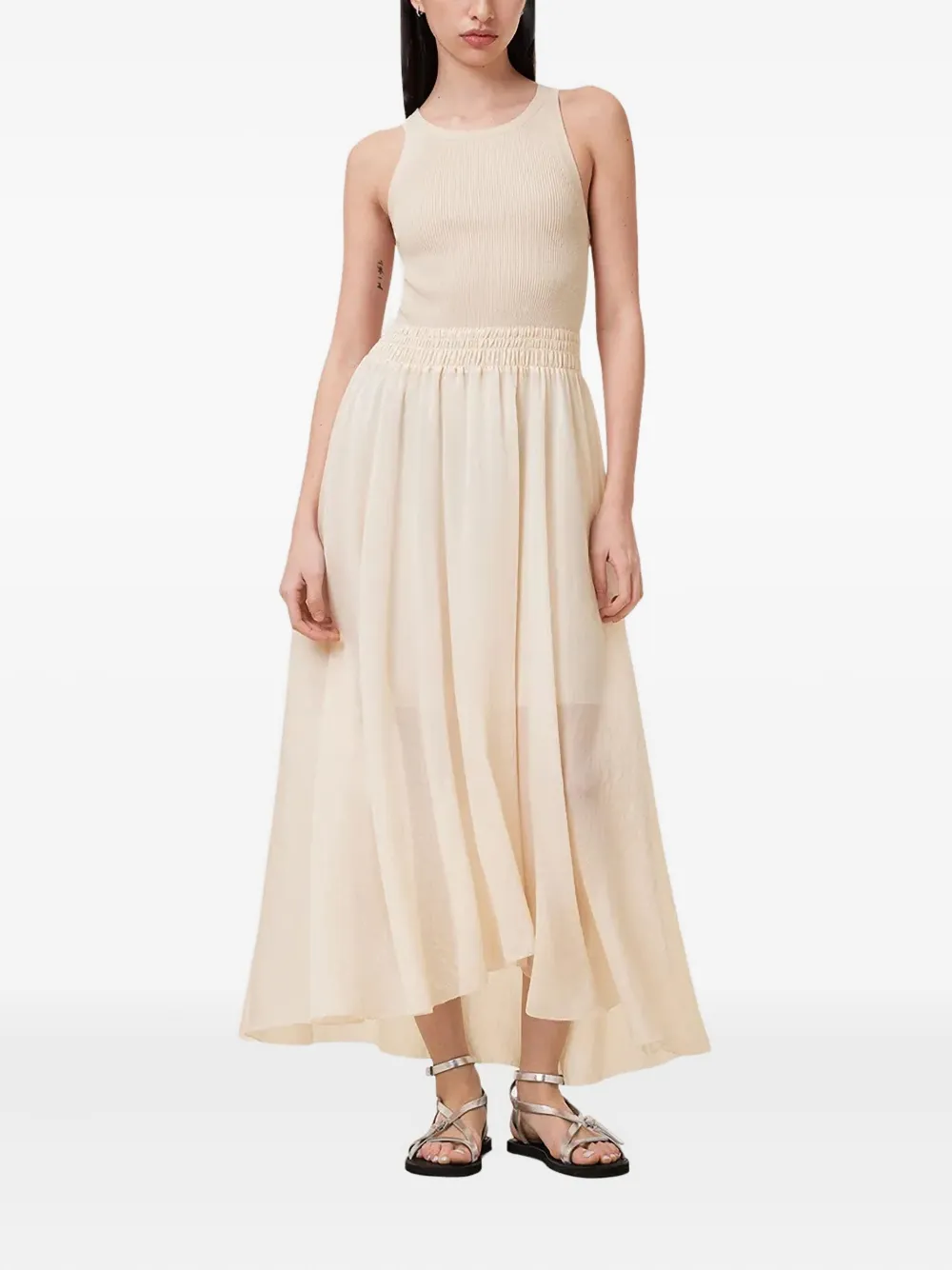 Allsaints Ribbed Knit Smocked-waist Dress In Neutral