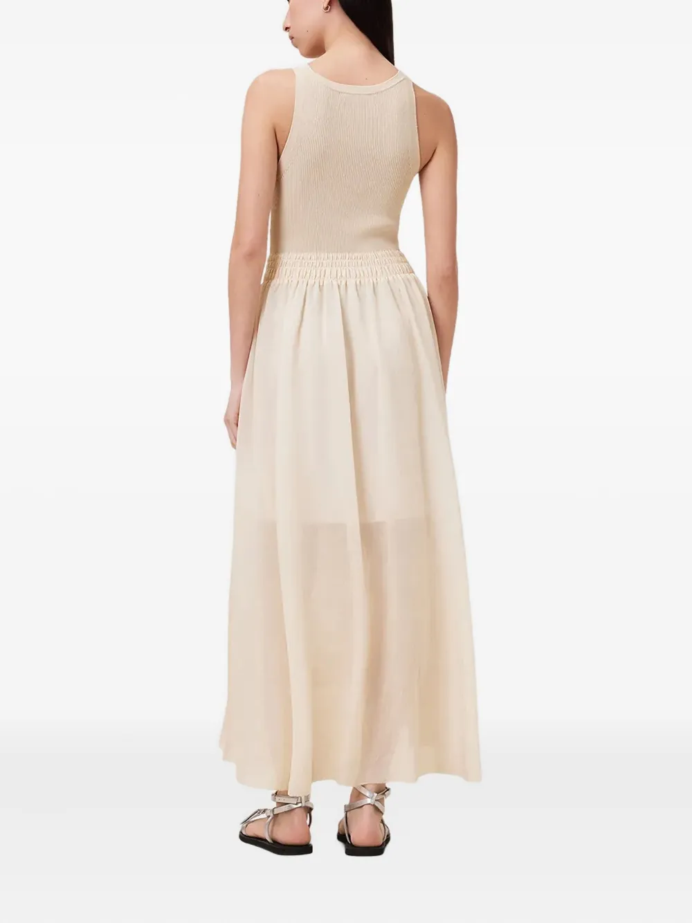 Allsaints Ribbed Knit Smocked-waist Dress In Neutral