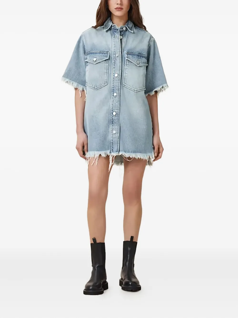 AllSaints Faye denim mini-jurk met franje Blauw