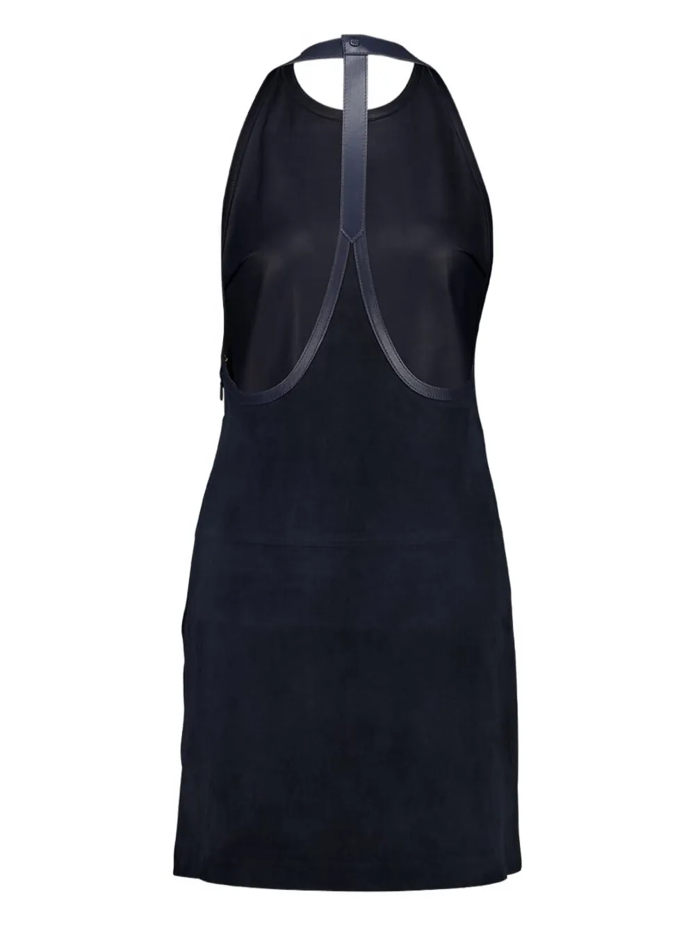Gucci Su&egrave;de mini-jurk met leren afwerking en halternek - Blauw