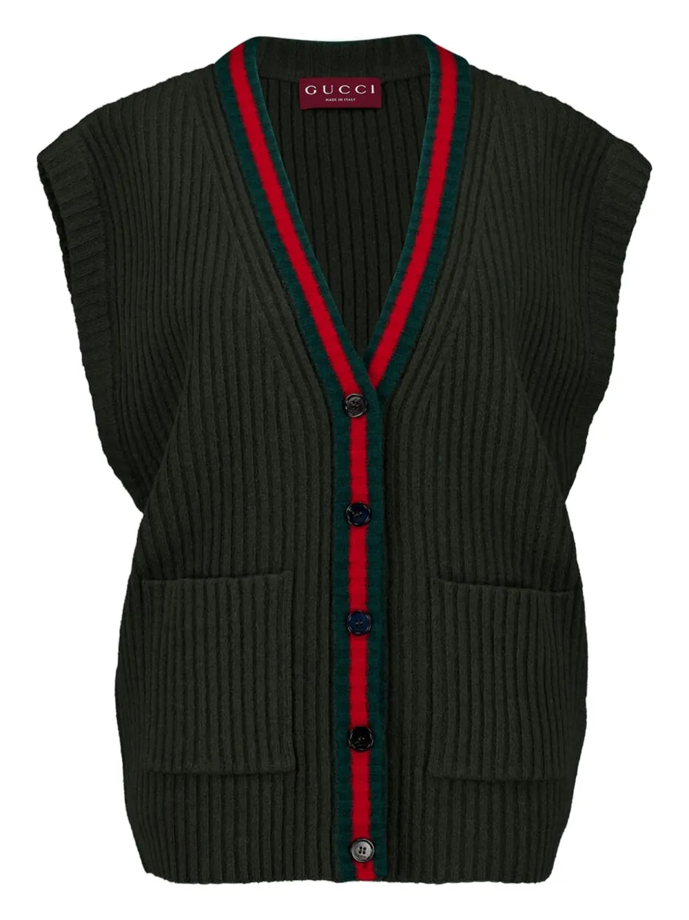 Gucci Wool Vest With Front Pockets And Ribbed Texture In Green