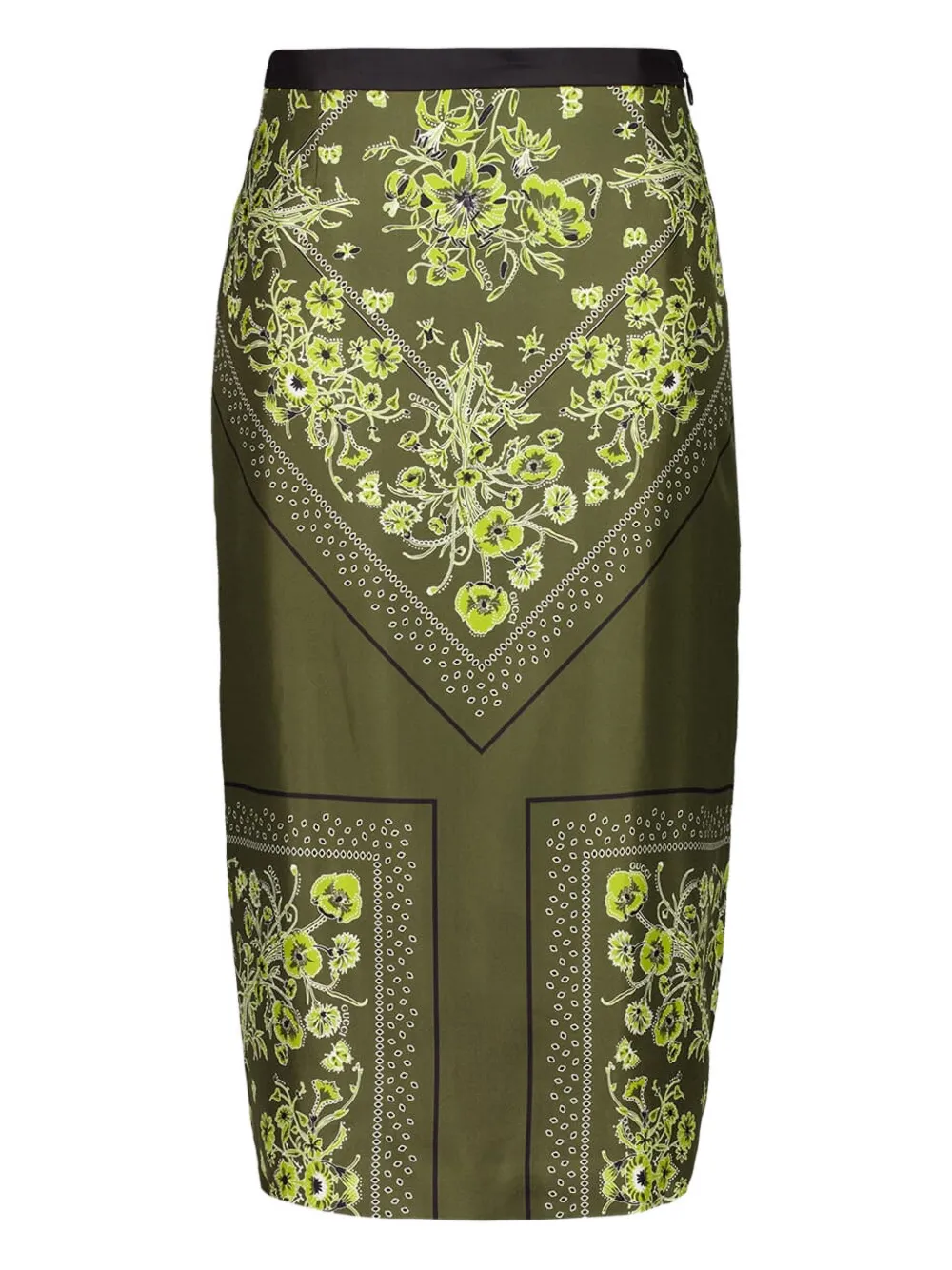 Gucci Womens Forest Green Brown Floral Slit Silk Midi Skirt In Green