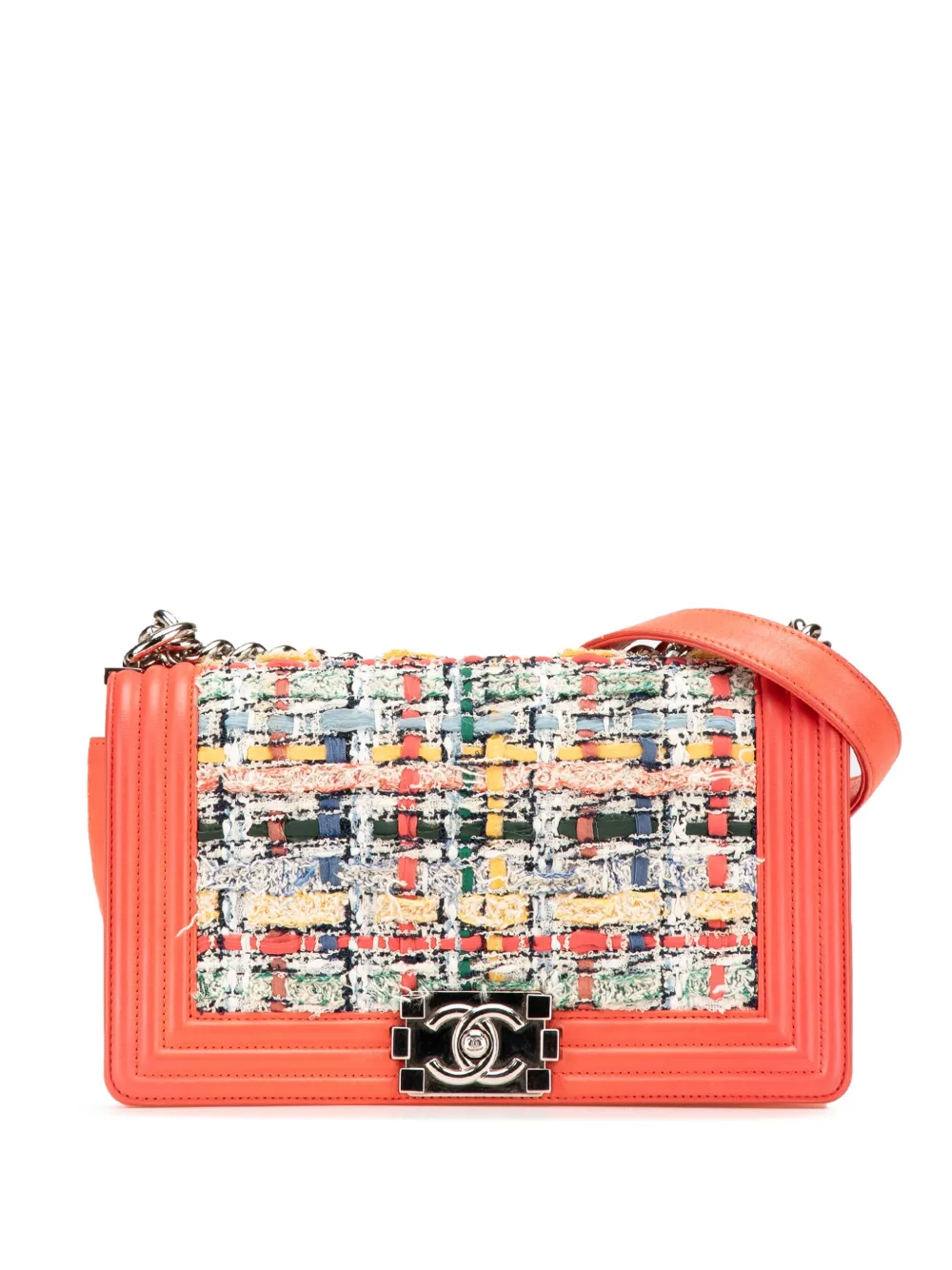 CHANEL Pre-Owned 2014-2015 ミディアム ツイード&ラムスキン ボーイ フラップ ショルダーバッグ - オレンジ CHANEL Pre-Owned 2014-2015 ミディアム ツイード&ラムスキン ボーイ フラップ ショルダーバッグ - オレンジ