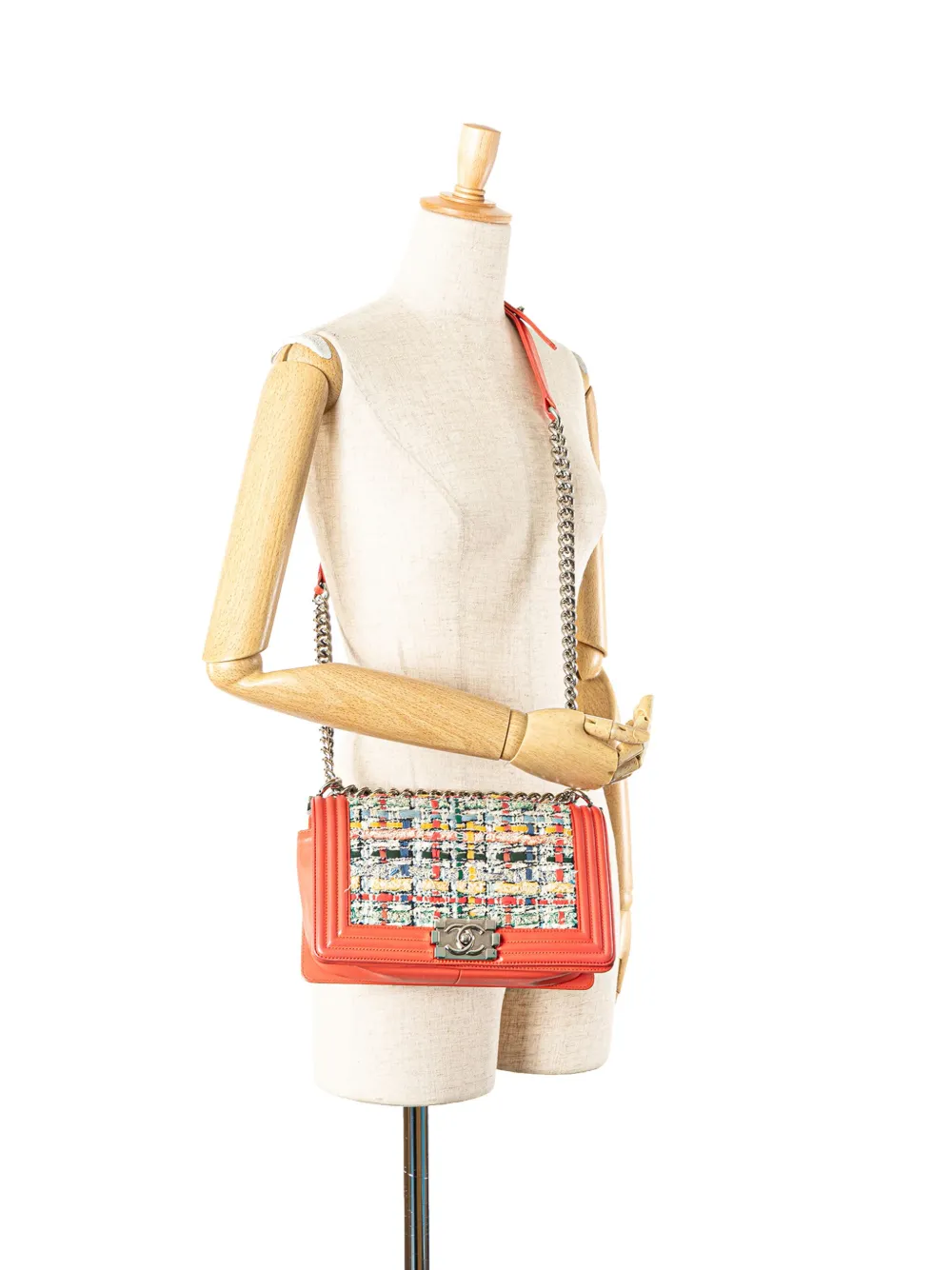 Pre-owned Chanel 2014-2015 Medium Tweed And Lambskin Boy Flap Crossbody Bag In Orange