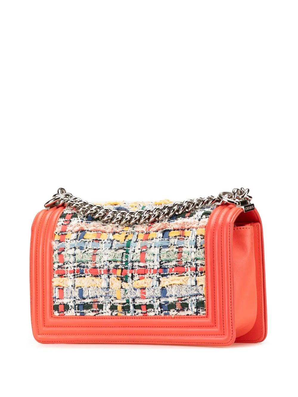 Pre-owned Chanel 2014-2015 Medium Tweed And Lambskin Boy Flap Crossbody Bag In Orange