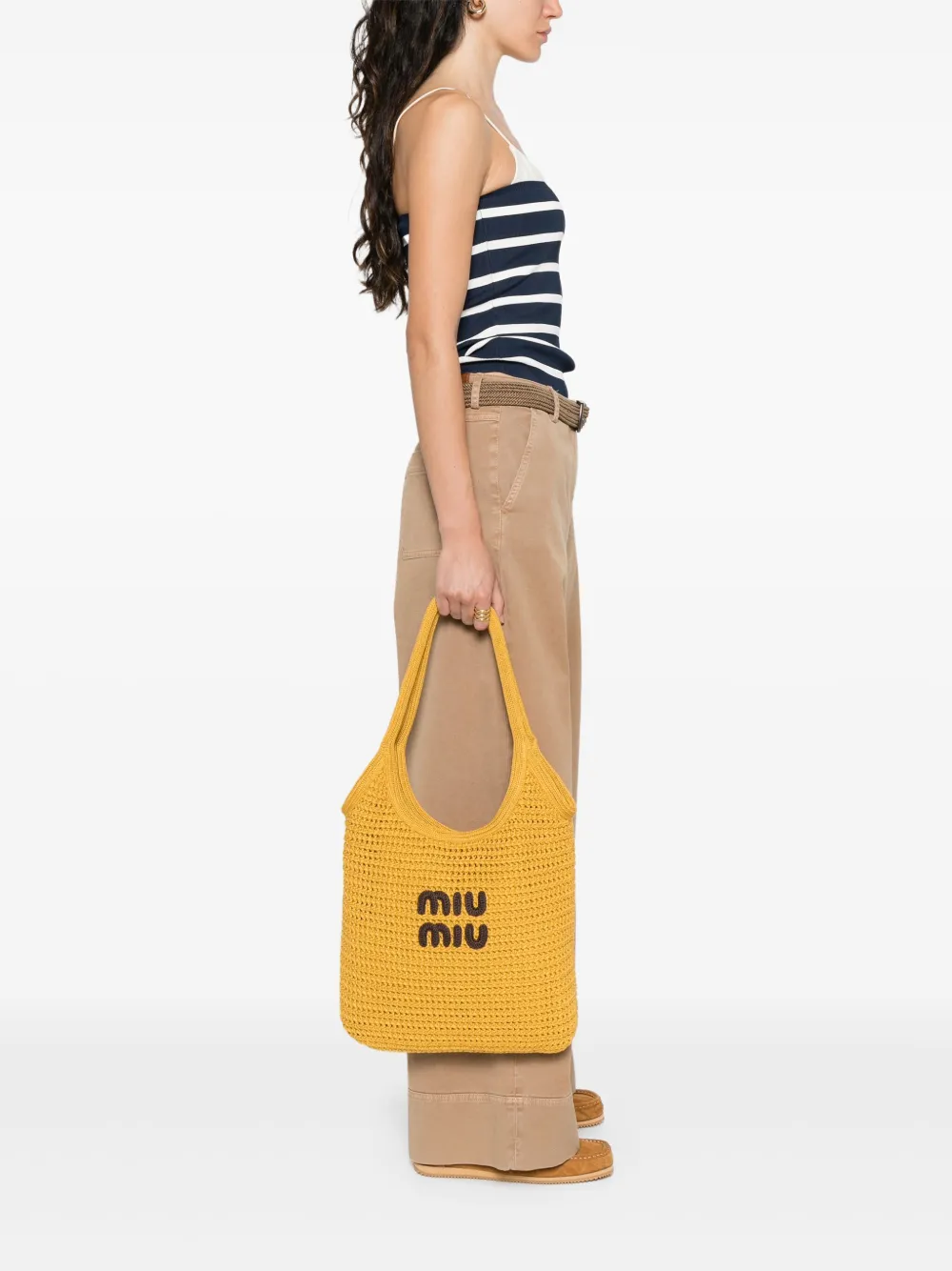 Miu Miu logo-embroidered tote bag - Geel