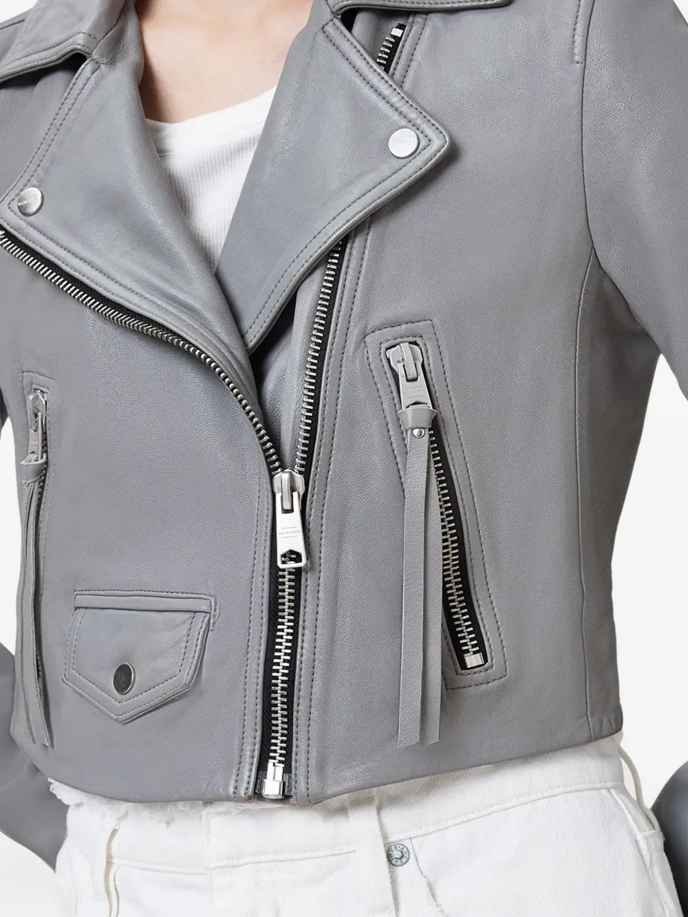 Allsaints Elora Cropped Slim Leather Biker Jacket In Gray