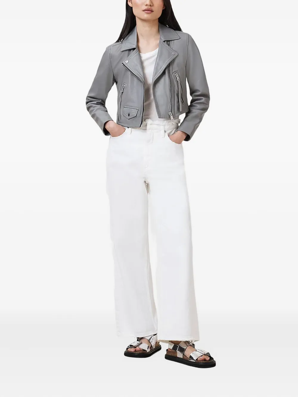 Allsaints Elora Cropped Slim Leather Biker Jacket In Gray