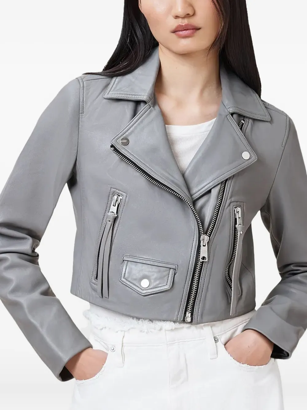 Allsaints Elora Cropped Slim Leather Biker Jacket In Gray