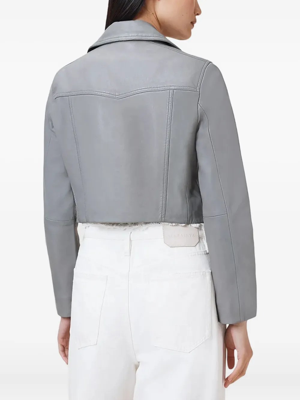 Allsaints Elora Cropped Slim Leather Biker Jacket In Gray