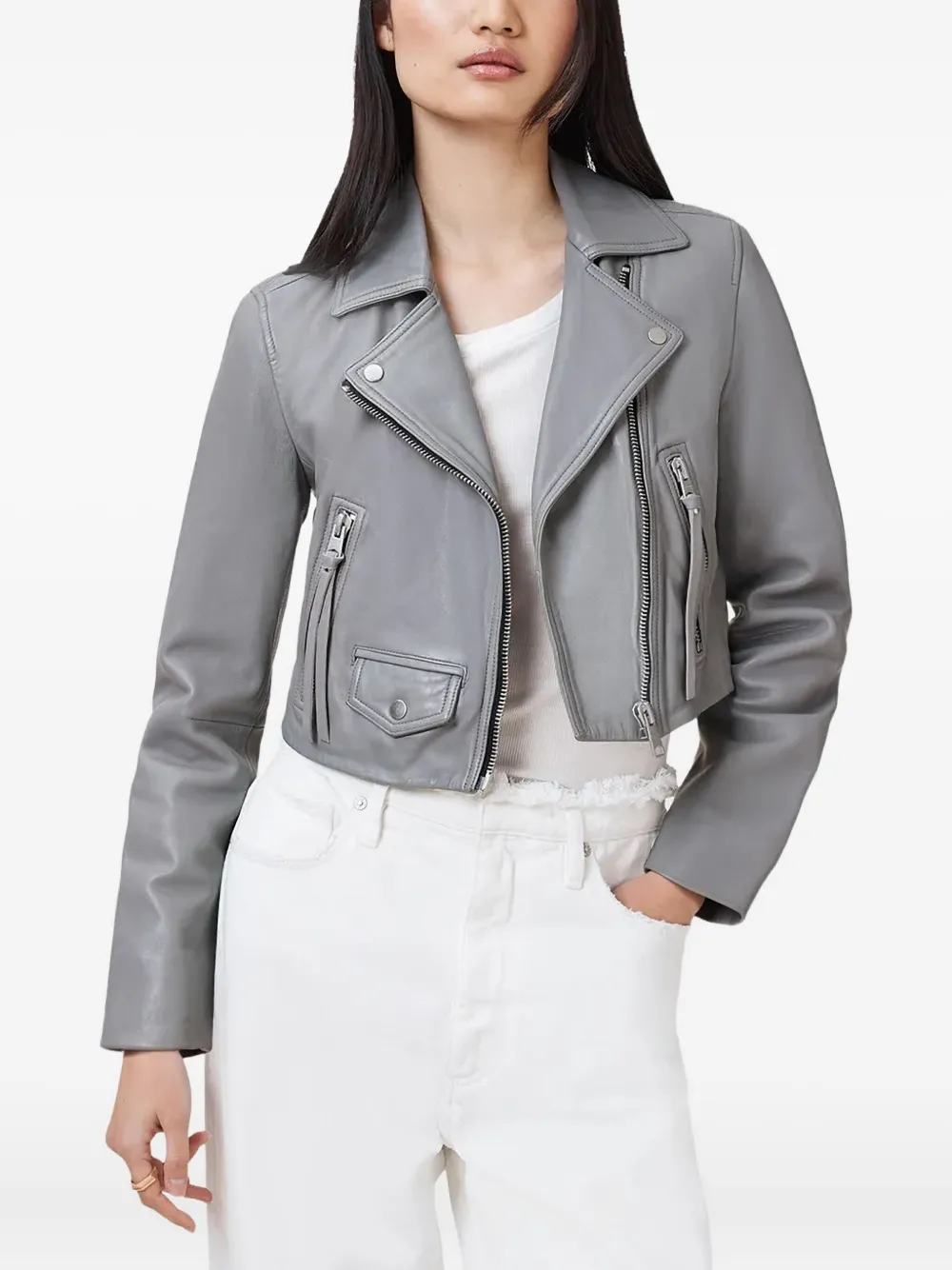 Allsaints Elora Cropped Slim Leather Biker Jacket In Gray