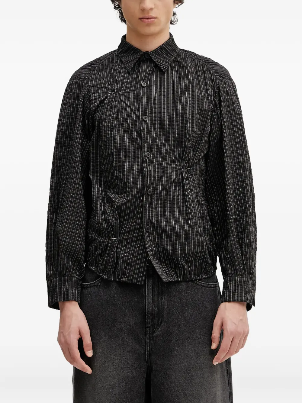 Ader Error striped-pattern gathered shirt - ブラック Ader Error striped-pattern gathered shirt - ブラック