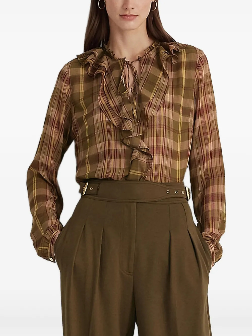 Lauren Ralph Lauren Geruite blouse met ruches - Bruin