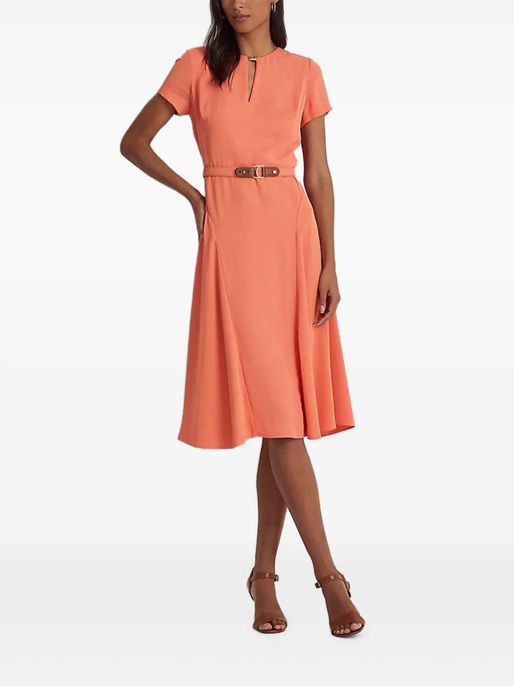 belted short-sleeve midi dress