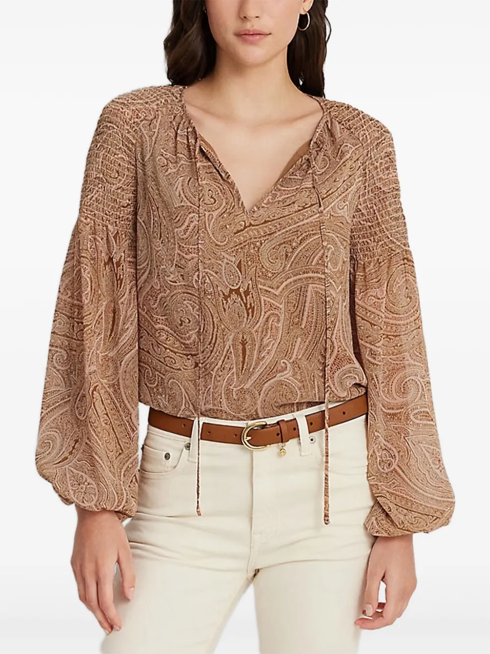 Lauren Ralph Lauren Blouse met ballonmouwen en print - Bruin