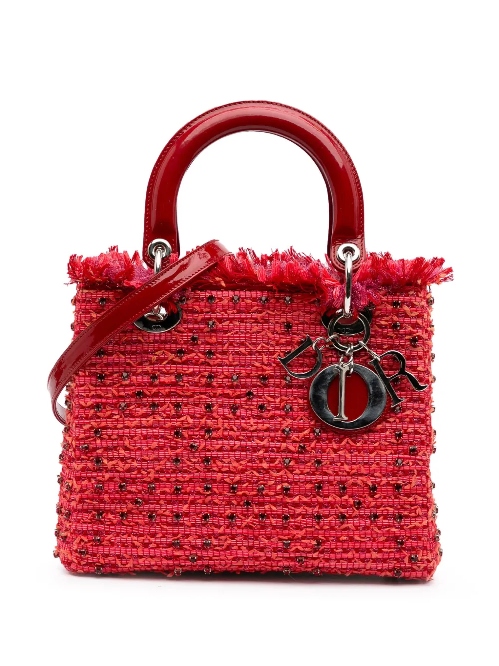 Christian Dior Pre-Owned 2012 ミディアム ツイード フリンジ ラインストーン レディ ディオール Christian Dior Pre-Owned 2012 ミディアム ツイード フリンジ ラインストーン レディ ディオール