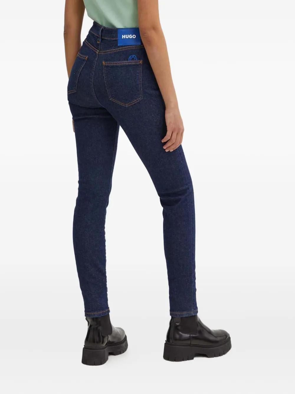 HUGO High waist jeans met logoplakkaat Blauw