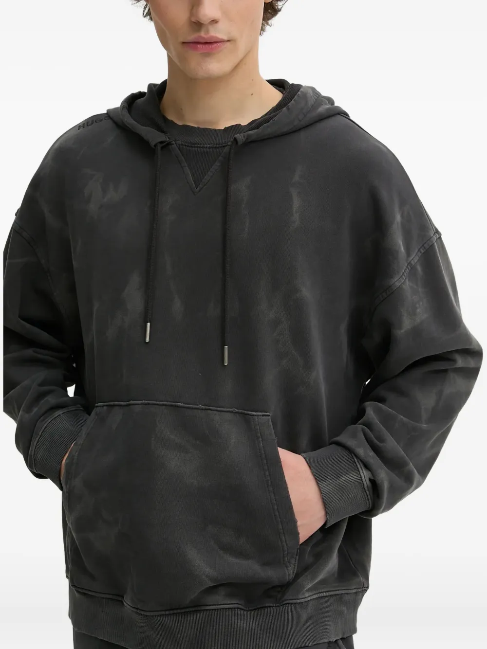 HUGO Nustroody hoodie met tie-dye print Zwart