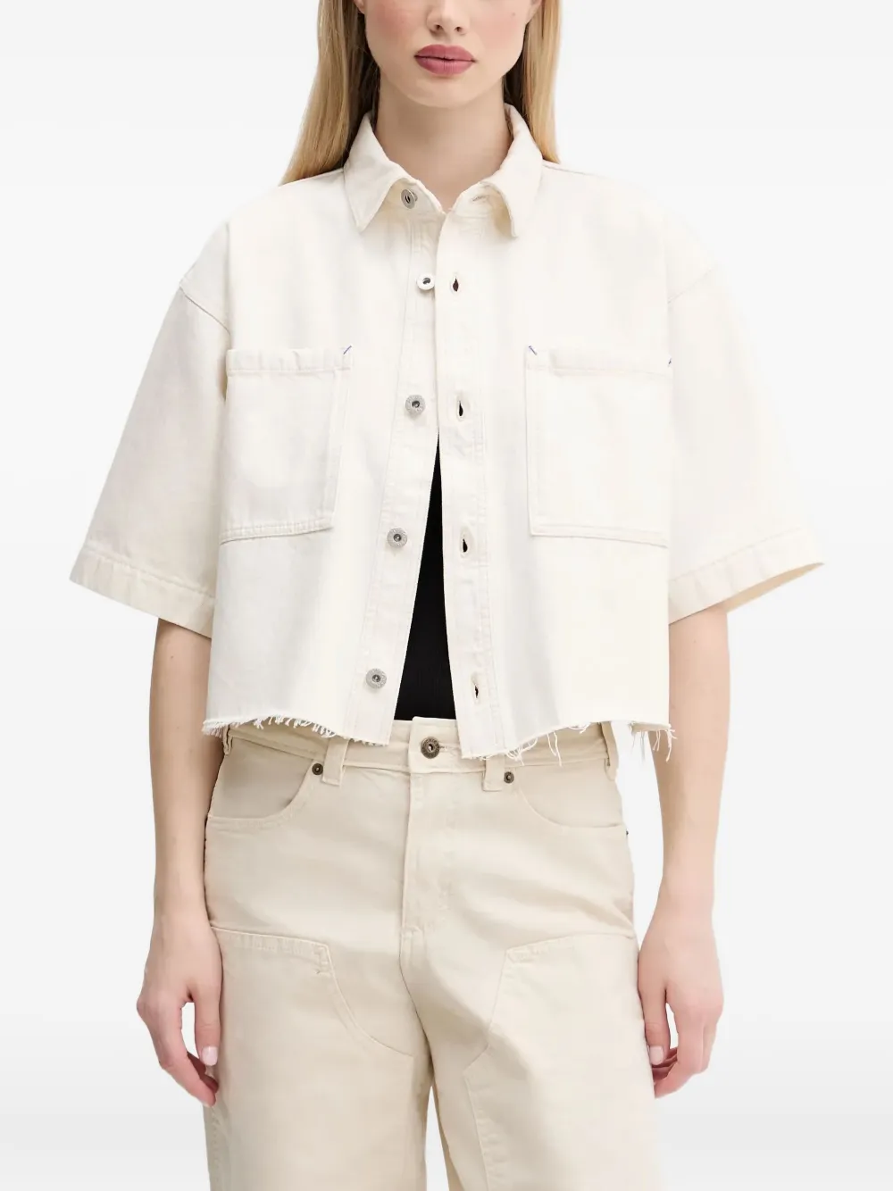 HUGO Blouse met opgestikte zakken en franje Beige