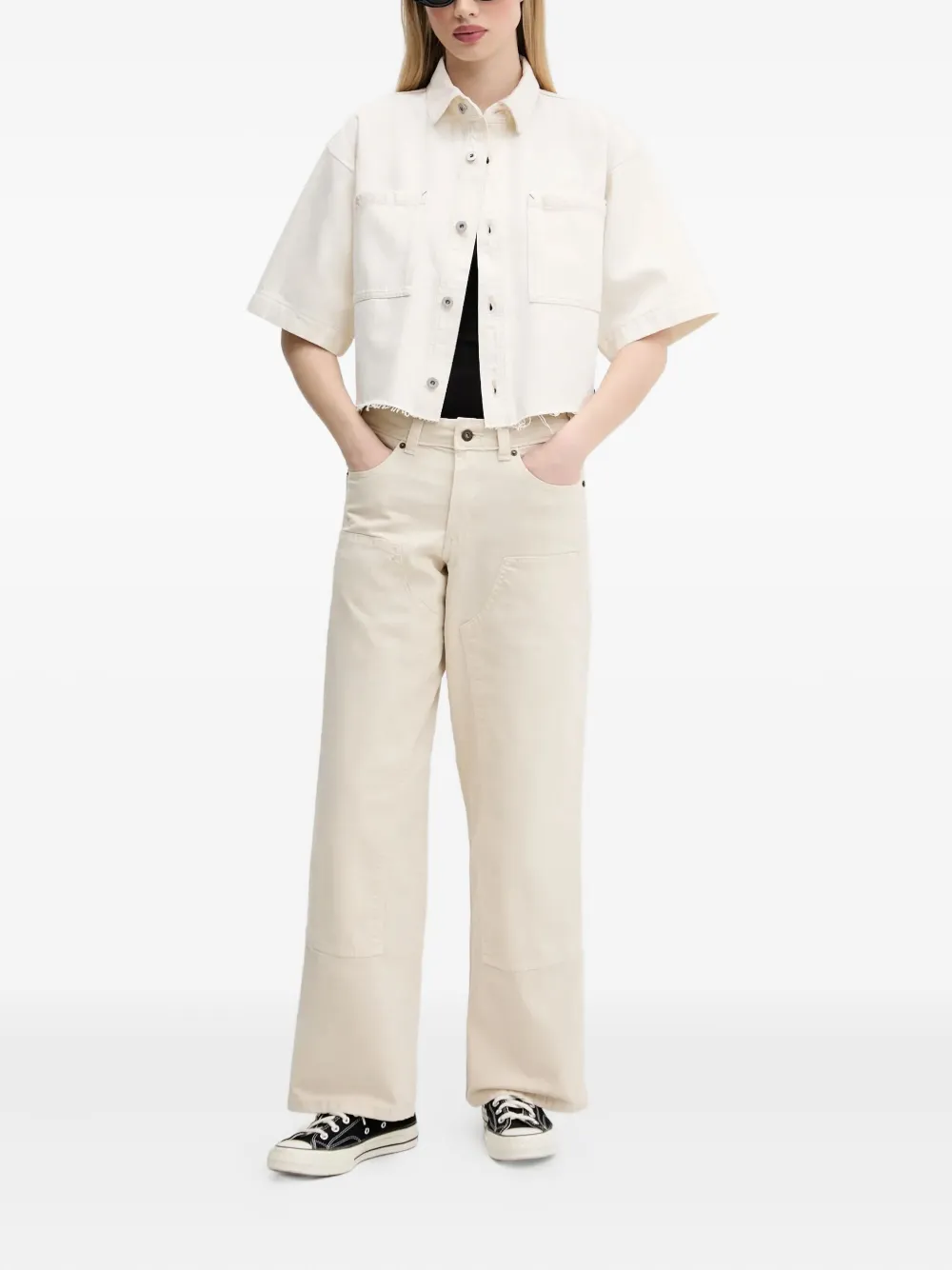 HUGO Blouse met opgestikte zakken en franje Beige