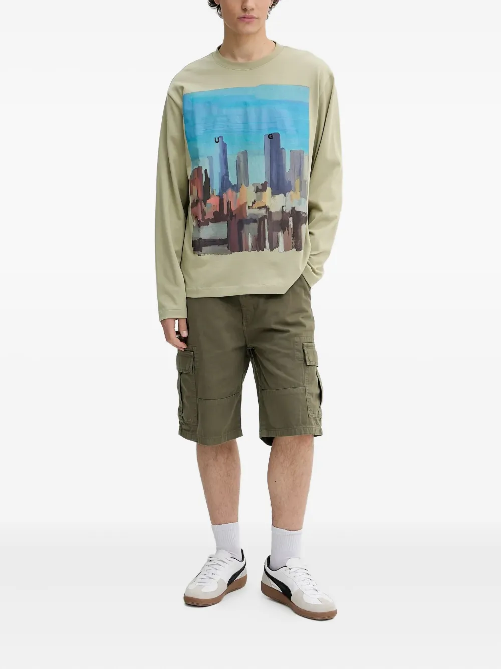 HUGO T-shirt met print en lange mouwen - Groen