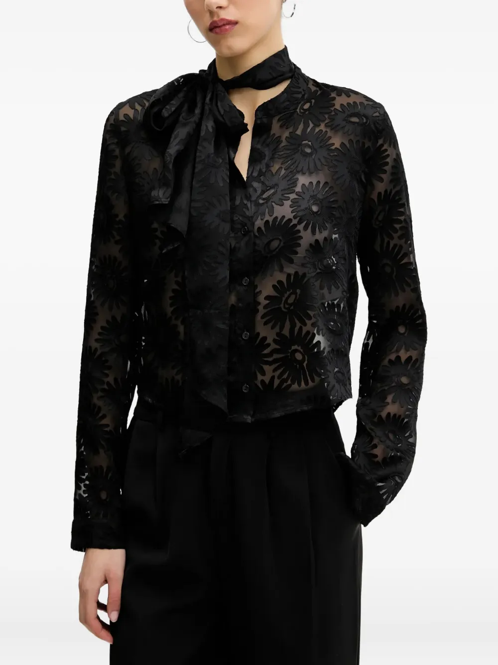HUGO Blouse met bloemenprint en gestrikte hals Zwart