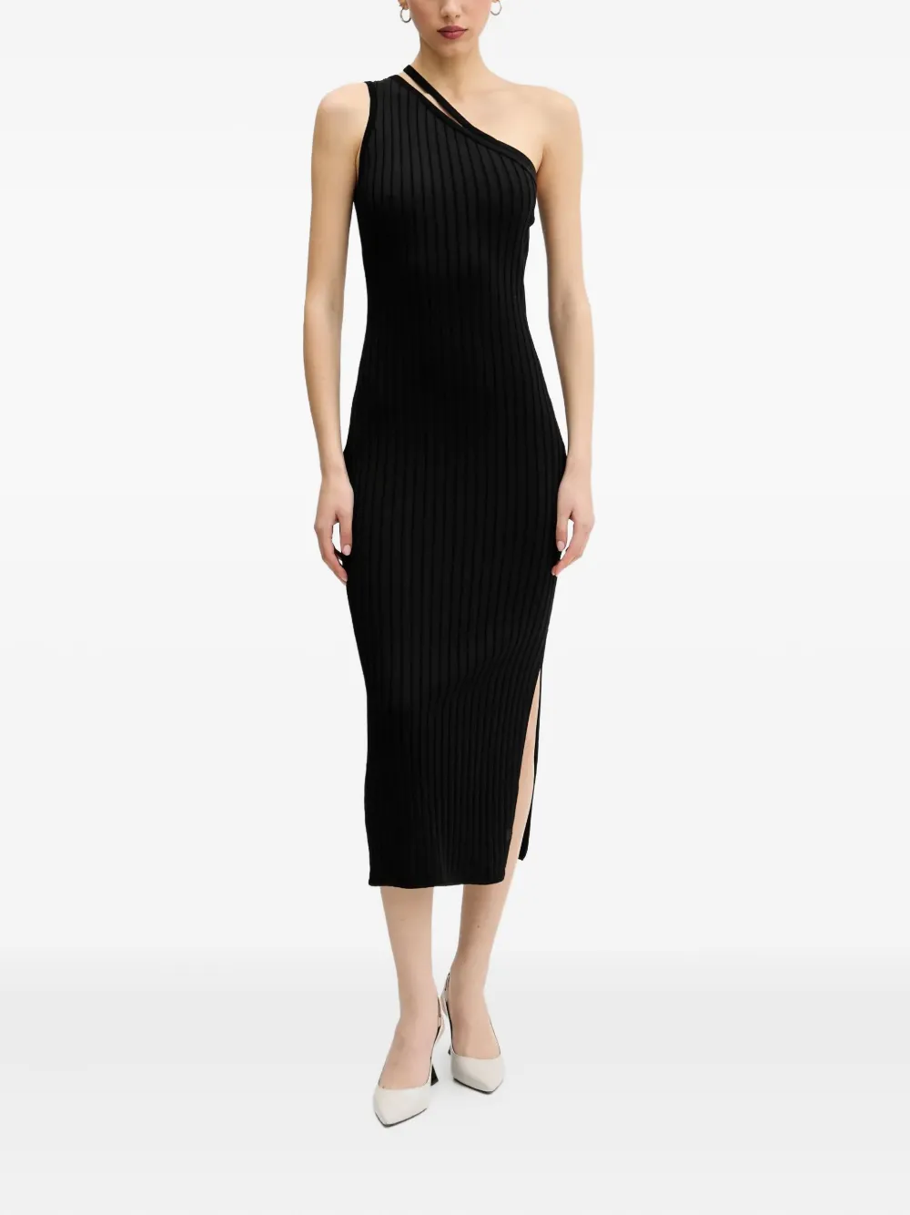 HUGO one-shoulder ribbed-knit midi dress Zwart