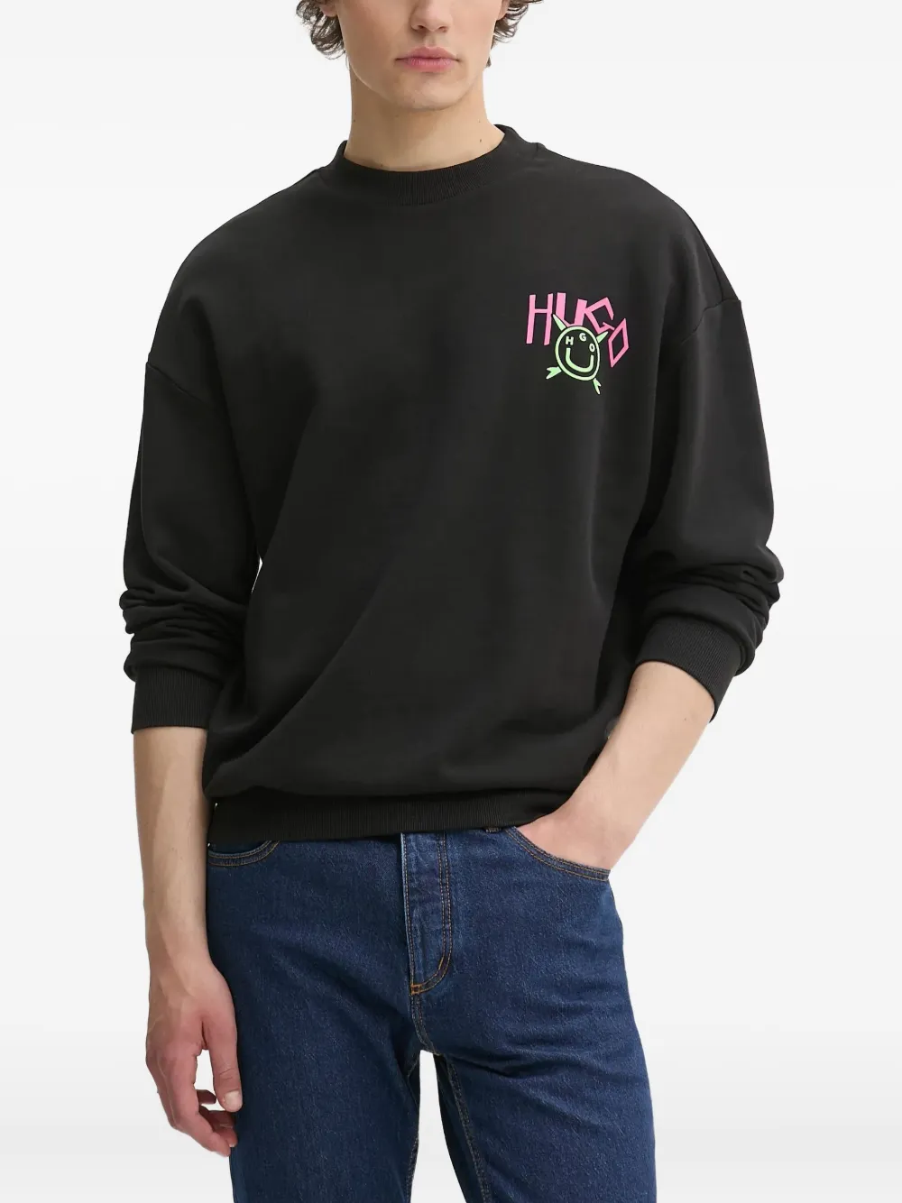 HUGO Katoenen sweater met Happy-logo Zwart