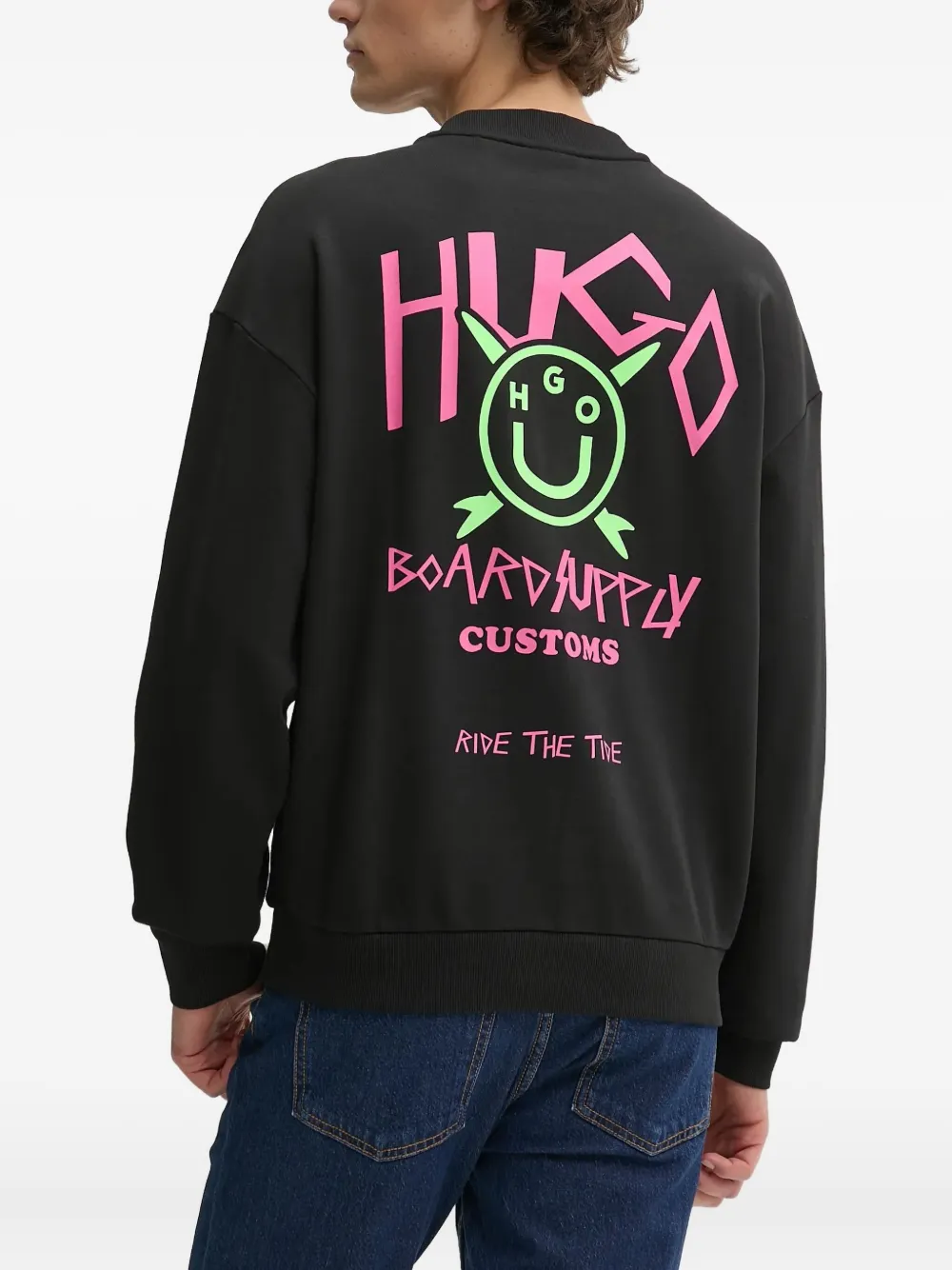 HUGO Katoenen sweater met Happy-logo Zwart