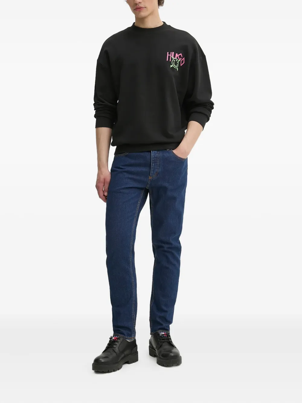 HUGO Katoenen sweater met Happy-logo Zwart