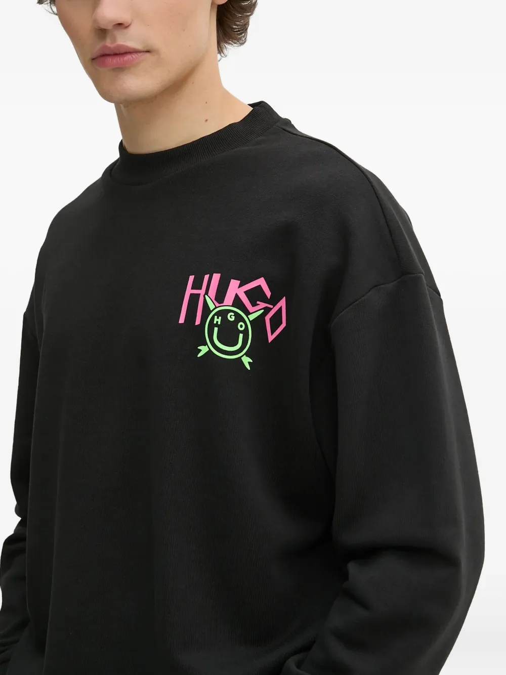 HUGO Katoenen sweater met Happy-logo Zwart