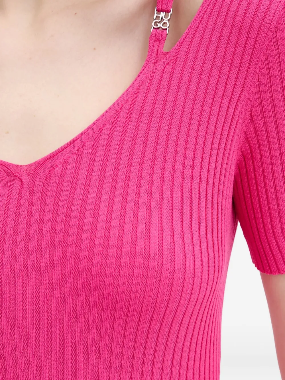 HUGO ribbed-knit v-neck midi dress Roze