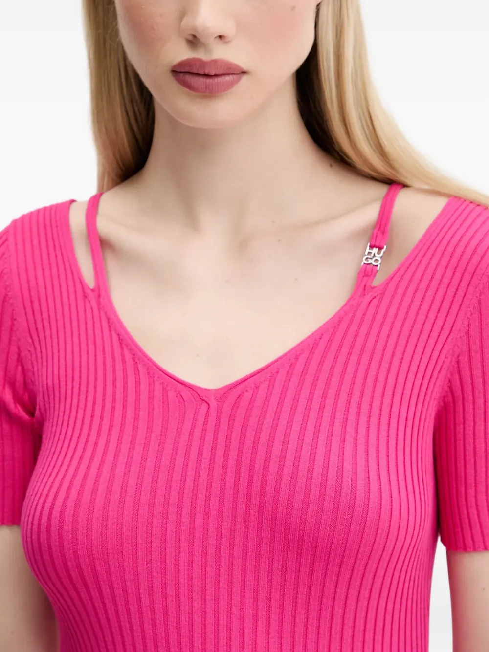 HUGO ribbed-knit v-neck midi dress Roze