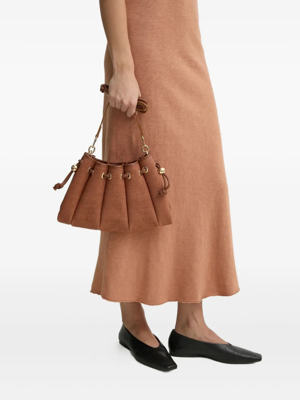 Themoirè Pleated Drawstring Shoulder Bag In Brown