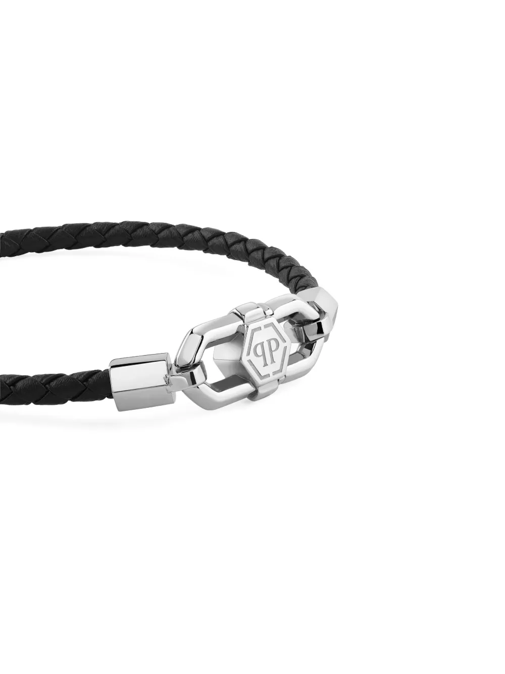 Philipp Plein Leather Stainless Steel Bracelet Plein Edge In Black
